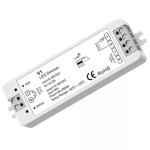 V1 nuolatinės įtampos valdiklis 5-36V, 1x 8A, Push-Dimm